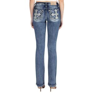Miss Me, Winter Cross Embellished Pocket Mid-Rise Bootcut Jeans 30